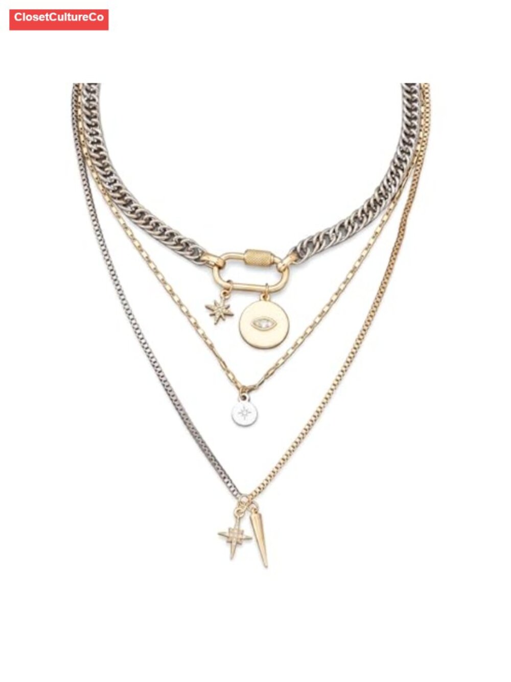 Mixed Metal Layered Necklace Stack Two Tone Gold Silver Coin Pendant